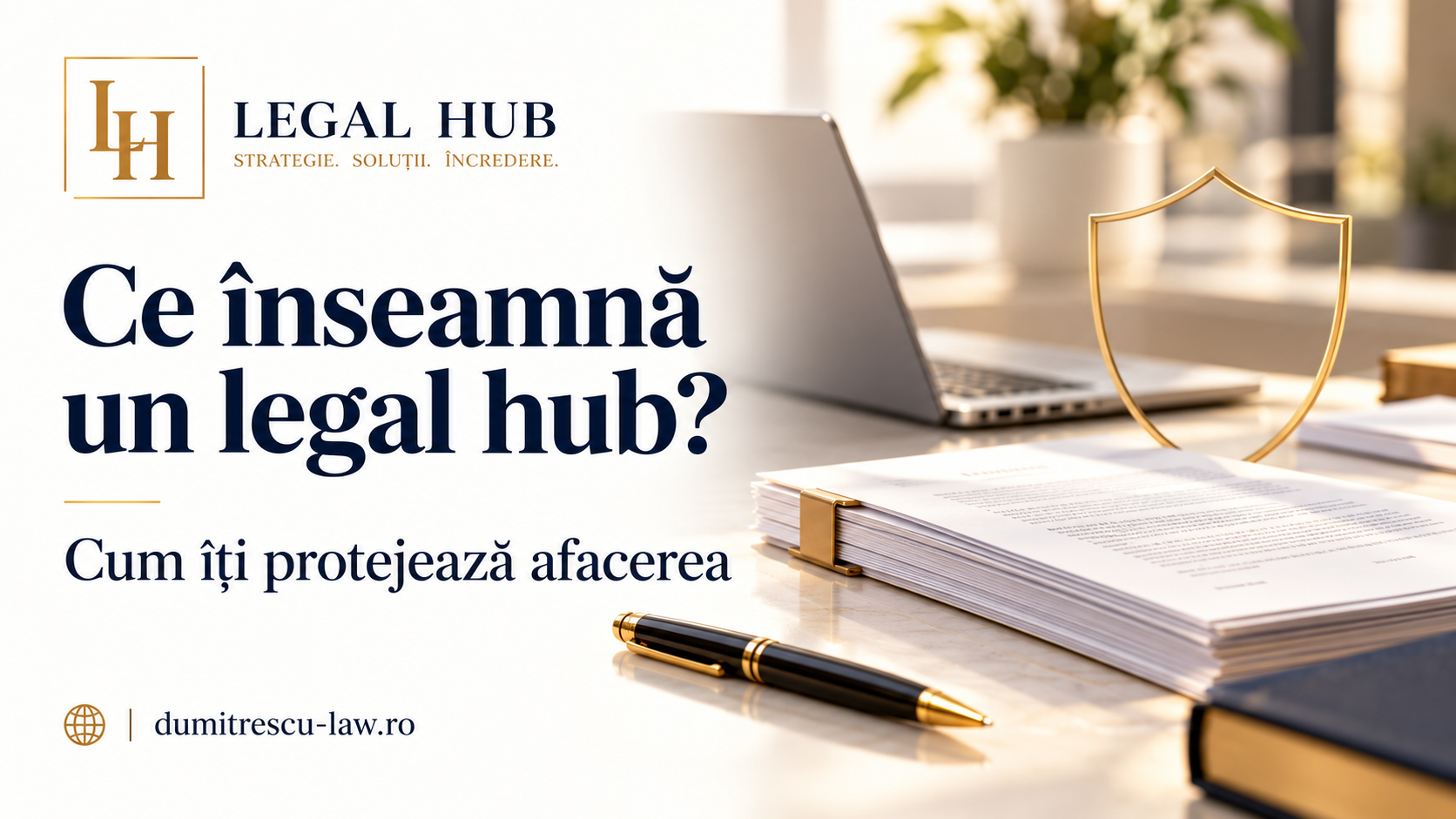 Legal Hub – Ce înseamnă un legal hub și cum îți protejează afacerea, alături de documente și un scut simbolic.